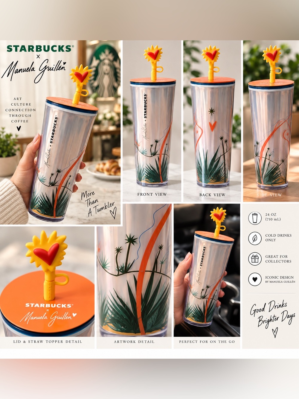 STARBUCKS -Manuela Guillén 24oz Tumbler with ❤️Silicone straw topper {NEW} w/Tag